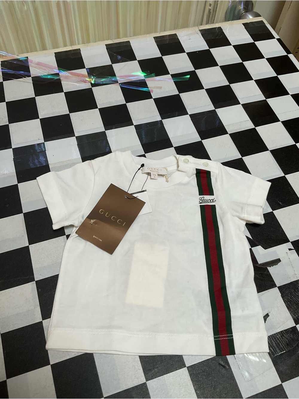 Gucci White Kids Tee with Green and Red Stripe